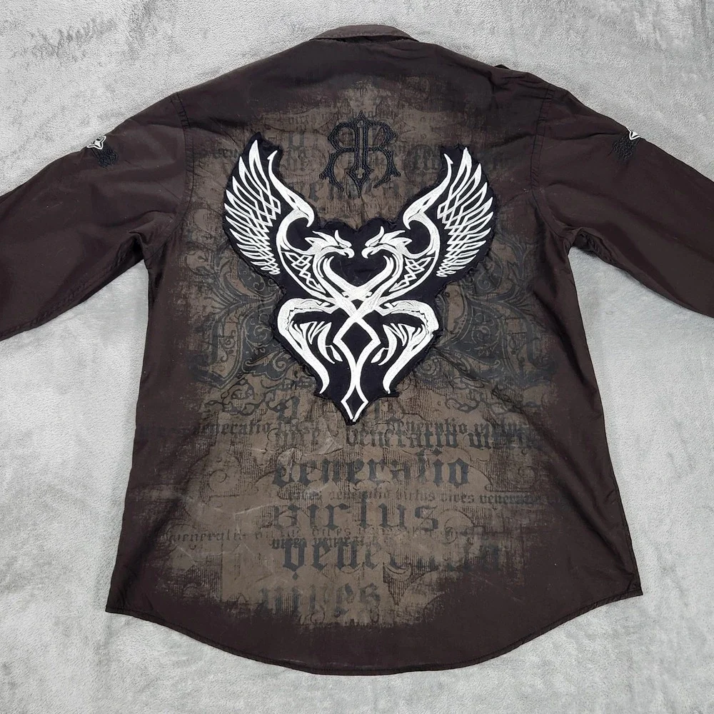 Roar Shirt Mens Large Brown Gothic Wings Cross Long Sleeve Button Up Embroidered